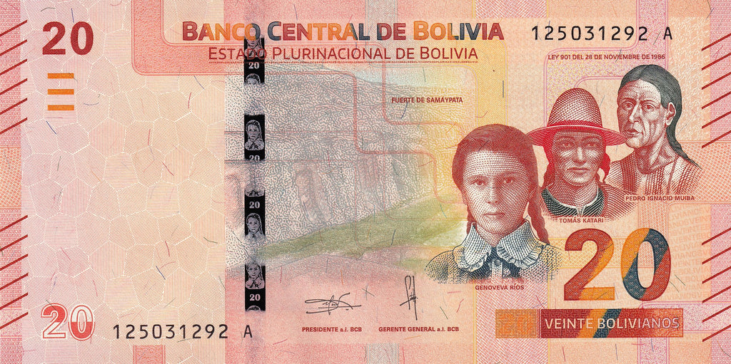 Bolivia P249 (1) B418a 20 Bolivianos 2019-25 UNC—Cayman—Alligator Fam