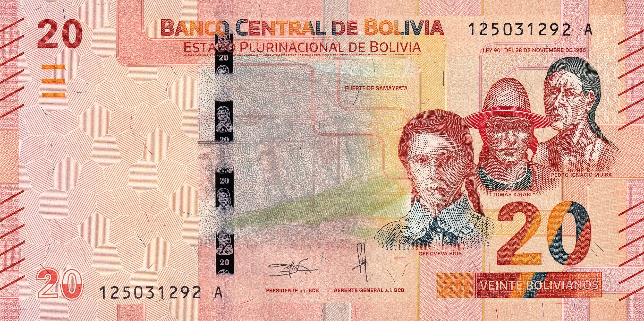 Bolivia P249 (1) B418a 20 Bolivianos 2019-25 UNC—Cayman—Alligator Fam