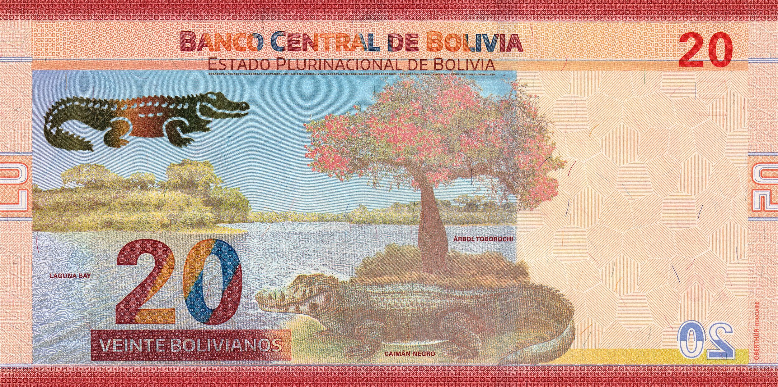 Bolivia P249 (1) B418a 20 Bolivianos 2019-25 UNC—Cayman—Alligator Fam