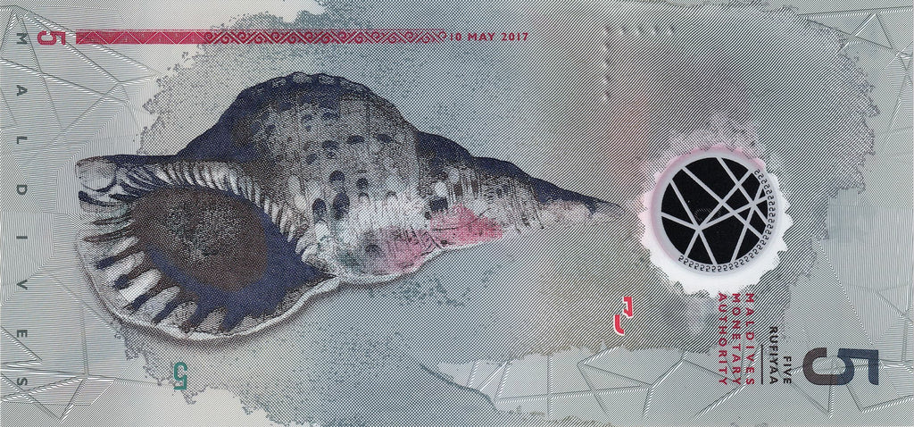 Maldives P-A26 5 Rufiyaa 2017｜Polymer｜Football Soccer｜Conch｜Dancers｜Fish