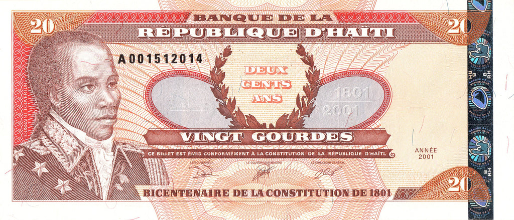 Haiti P-271Ab 20 Gourdes 2001 VF+ Very Fine Plus—Bicentennial—Toussaint L'Ouverture—Constitution of 1801 (Copy)