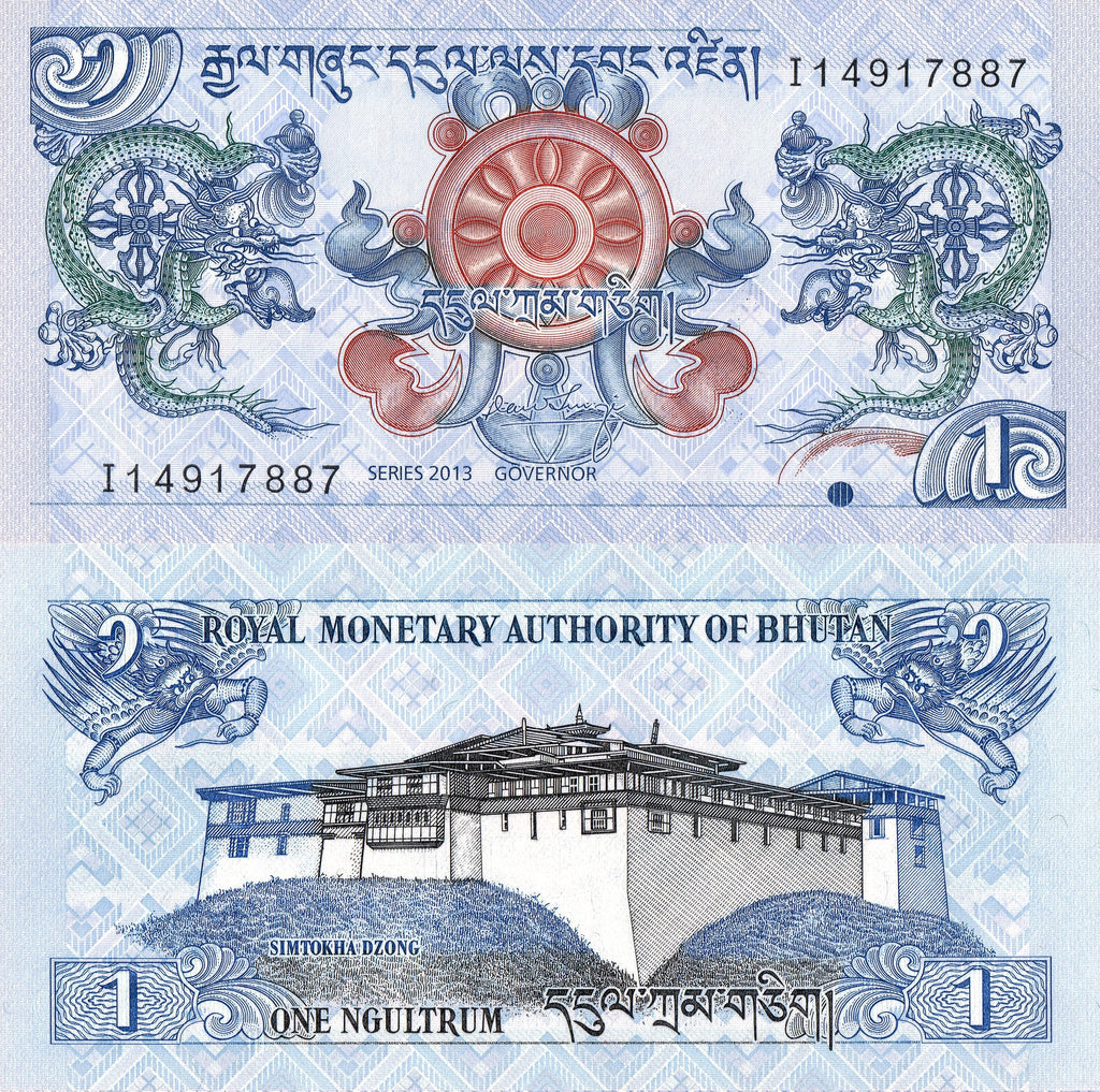 Bhutan P-27b 1 Ngultrum 2013 UNC—Chakra Dharma—Oldest Fortress