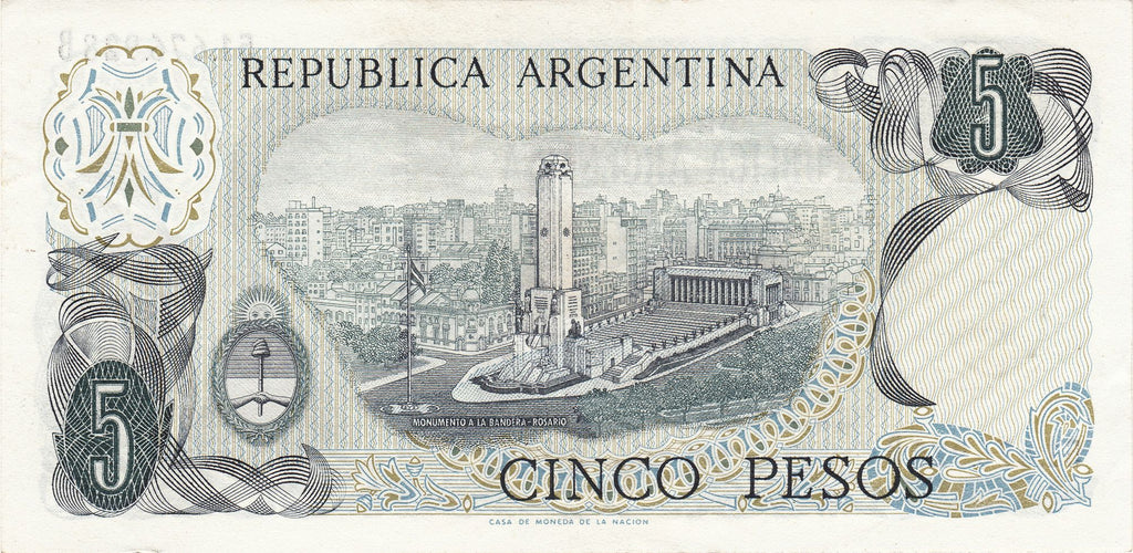 Argentina P-294 5 Pesos ND (1974–1976) XF—Belgrano—Monument to the Flag Rosario
