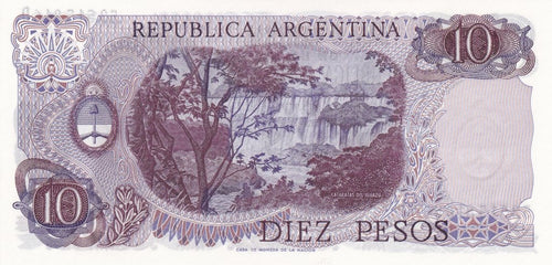 Argentina P-295 10 Pesos ND (1973–1976) UNC—Belgrano—Iguazú Falls