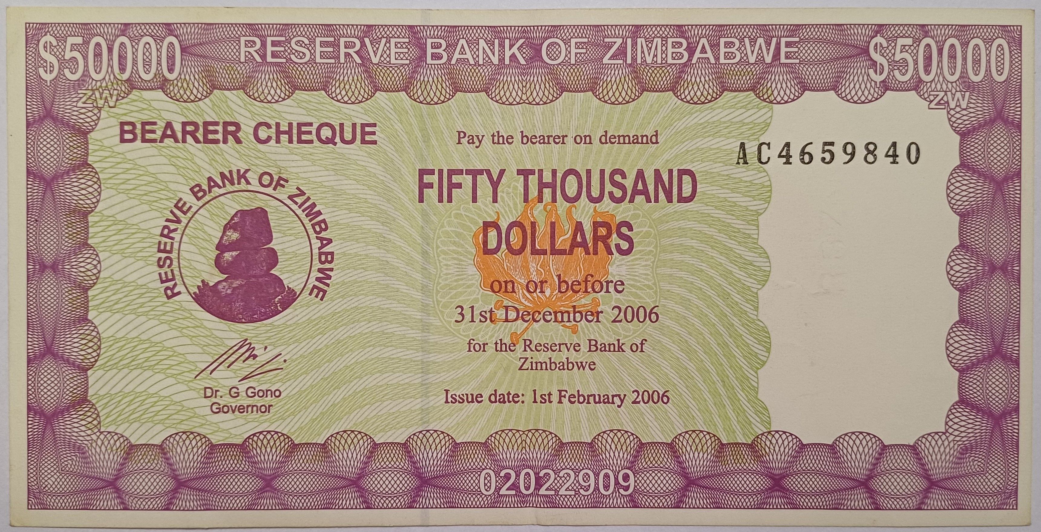Zimbabwe P-29 50000 Dollars 2006 VF—Victoria Falls—Bearer Cheque K074S