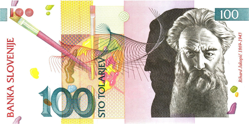 Slovenia P-14 or P-31 100 Tolarjev 1992 or 2003 UNC uncirculated—Architect of Slovenian Art