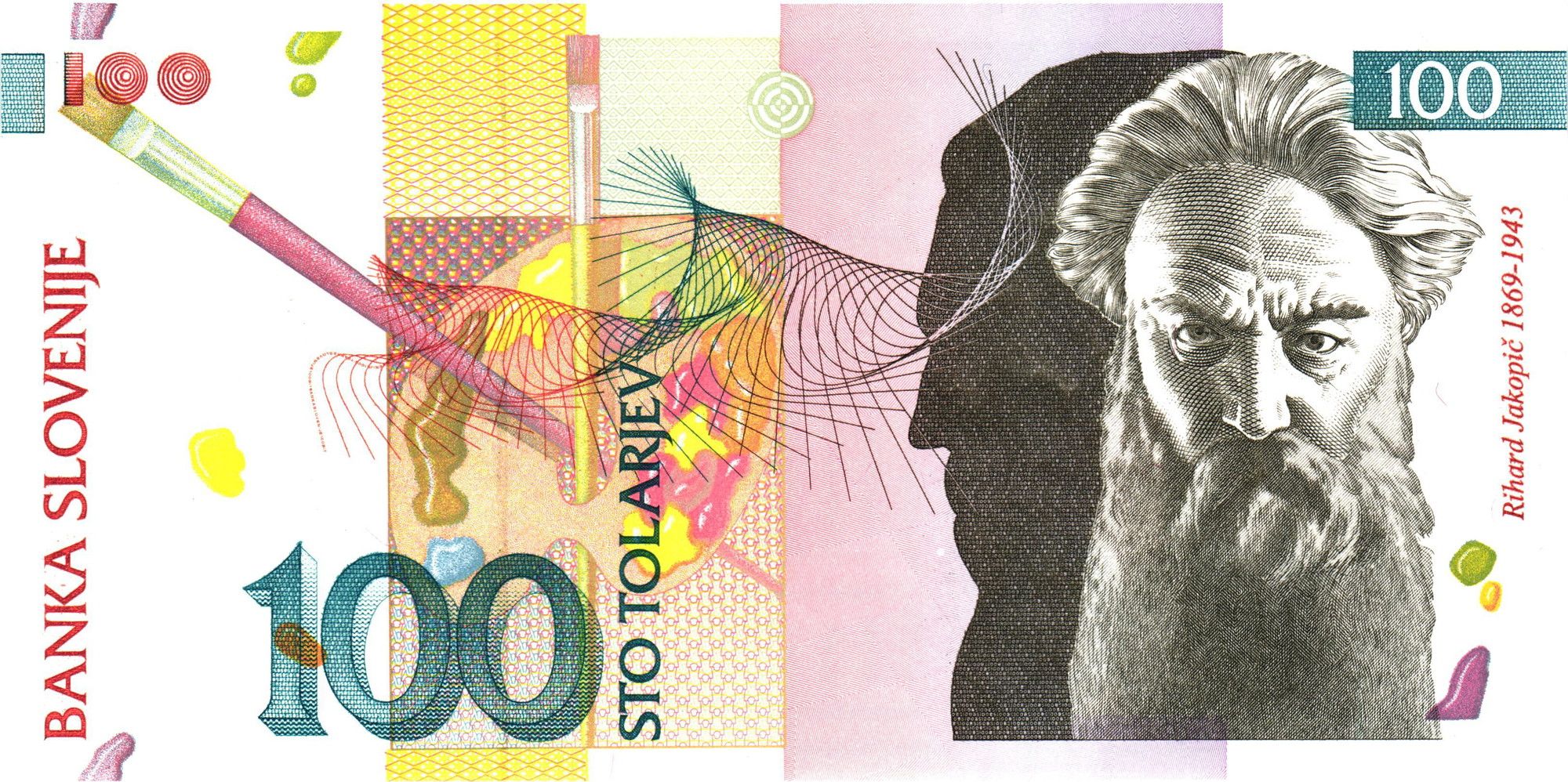 Slovenia P-14 or P-31 100 Tolarjev 1992 or 2003 UNC uncirculated | Architect of Slovenian Art
