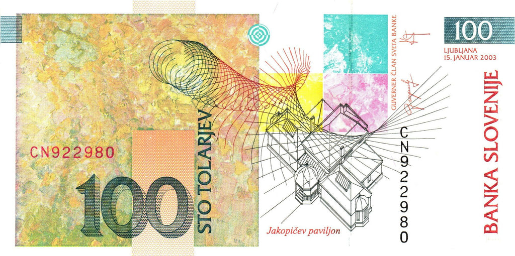 Slovenia P-14 or P-31 100 Tolarjev 1992 or 2003 UNC uncirculated—Architect of Slovenian Art