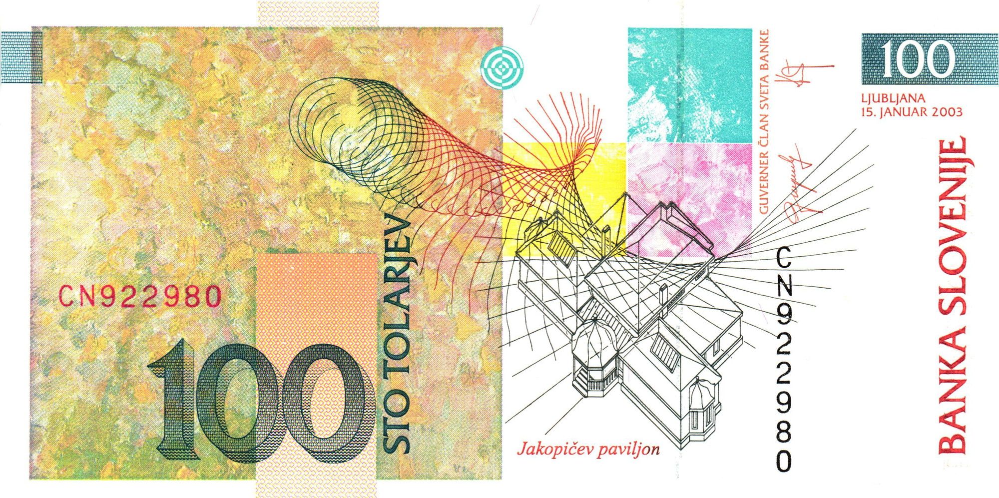 Slovenia P-14 or P-31 100 Tolarjev 1992 or 2003 UNC uncirculated | Architect of Slovenian Art