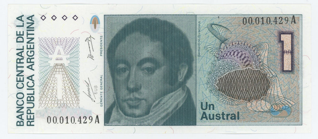 Argentina P323 1 Austral 1985-1989 XF—Series A—Teal—1st President—R020K