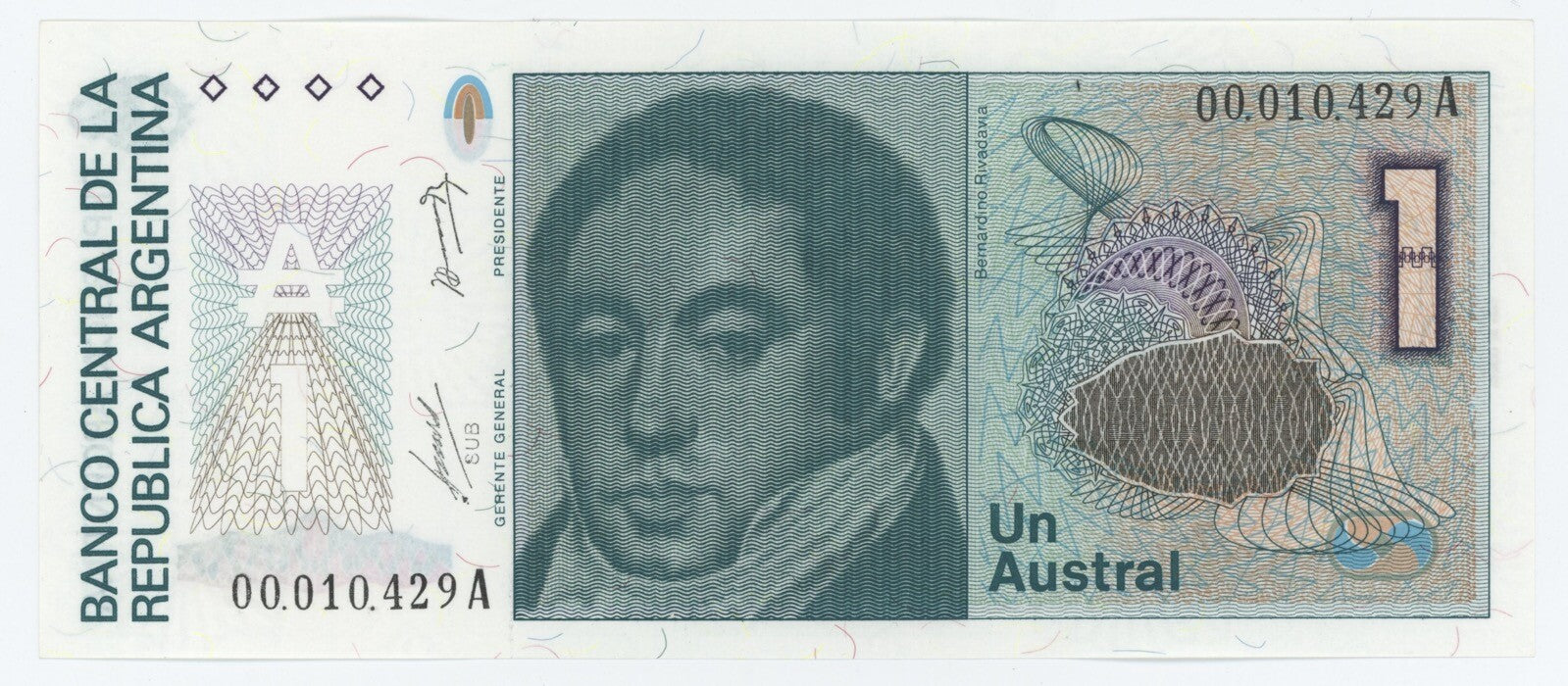 Argentina P323 1 Austral 1985-1989 XF—Series A—Teal—1st President—R020K