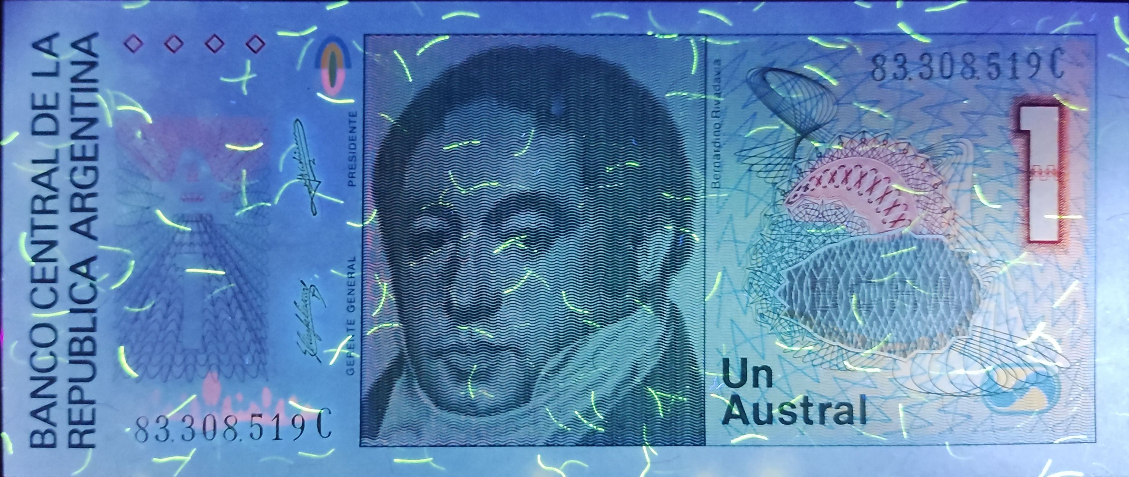 Argentina P323 1 Austral 1985-1989 XF—Series A—Teal—1st President—R020K