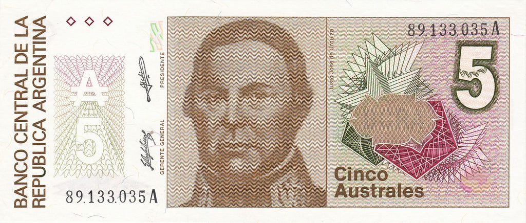 Argentina P324 5 Australes 1985-1989 UNC—De Urquiza—Brown—R0404