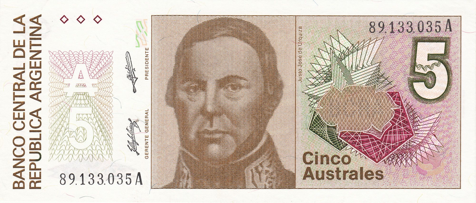 Argentina P324 5 Australes 1985-1989 UNC—De Urquiza—Brown—R0404