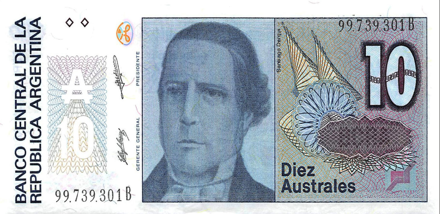 Argentina P325b 10 Australes 1986-1989 AU—Series B—Obscure President—R0303