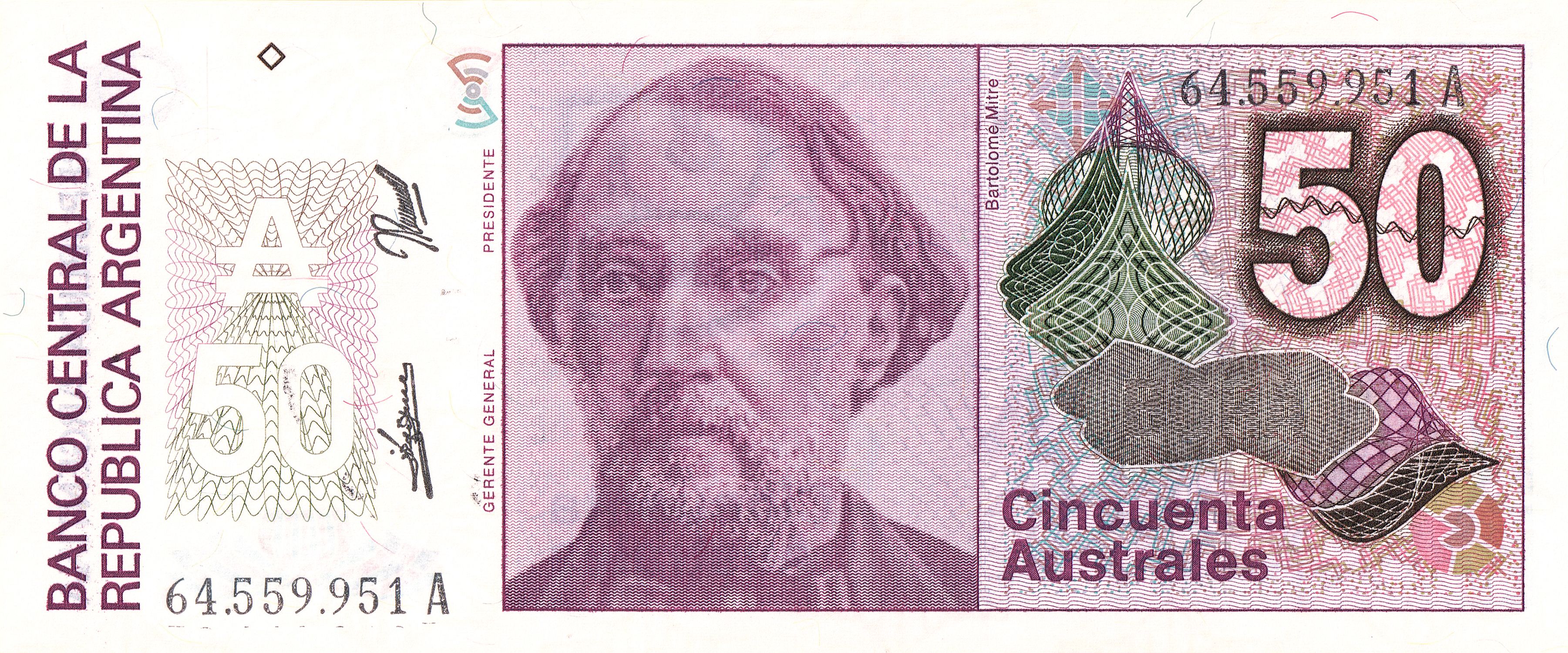 Argentina P326 50 Australes 1986-1989 XF—Series A—Mitre—R0202