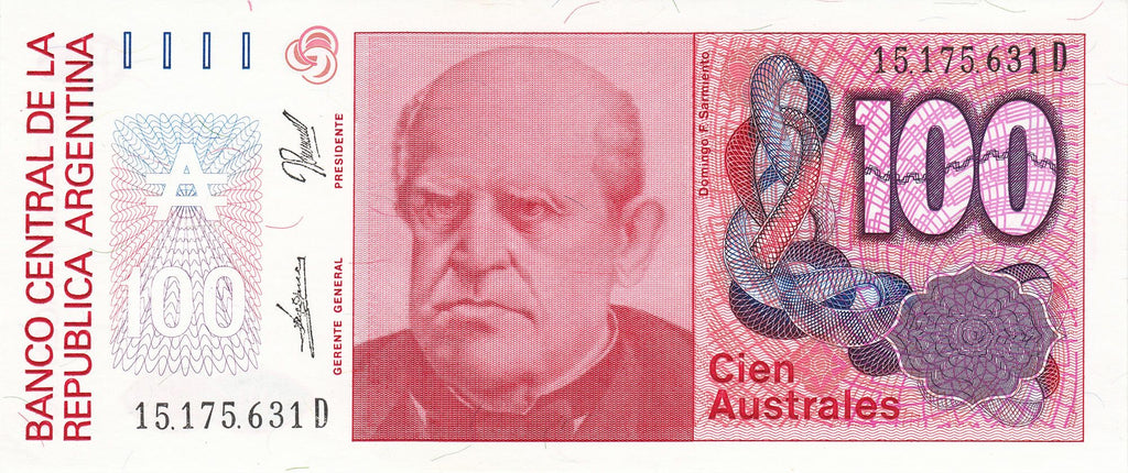 Argentina P-327c 100 Australes 1989-1990 UNC—Ser D—The Schoolmaster President