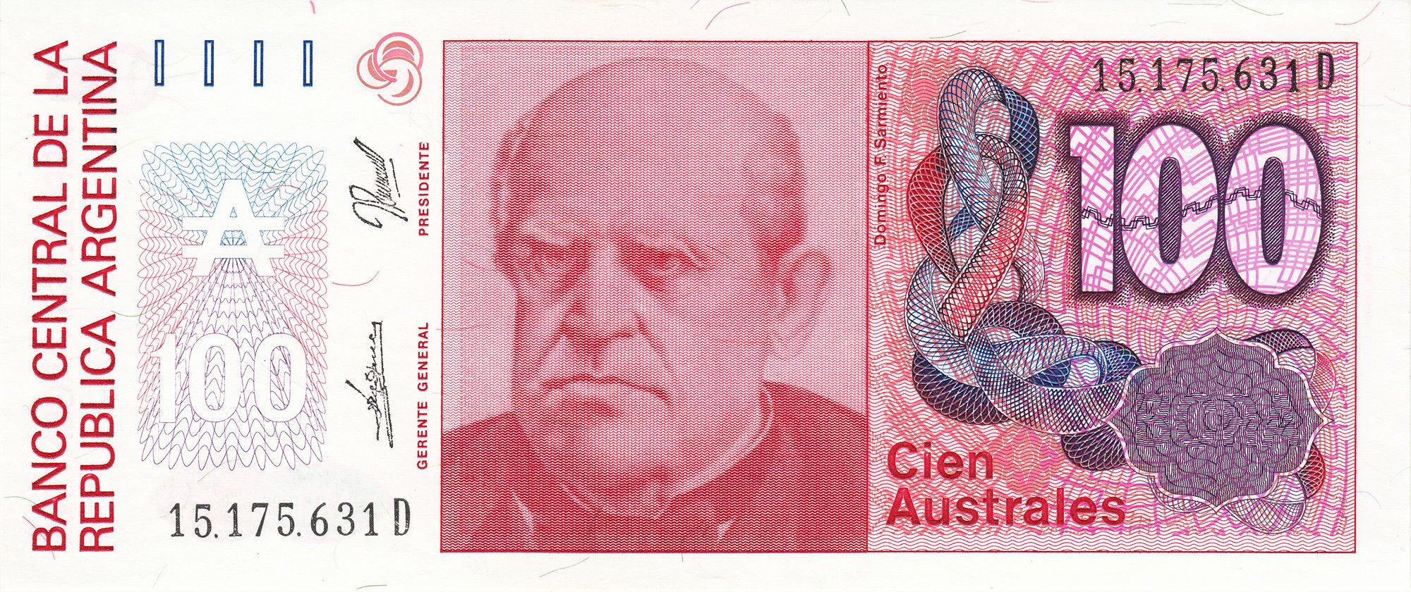 Argentina P-327c 100 Australes 1989-1990 UNC—Ser D—The Schoolmaster President