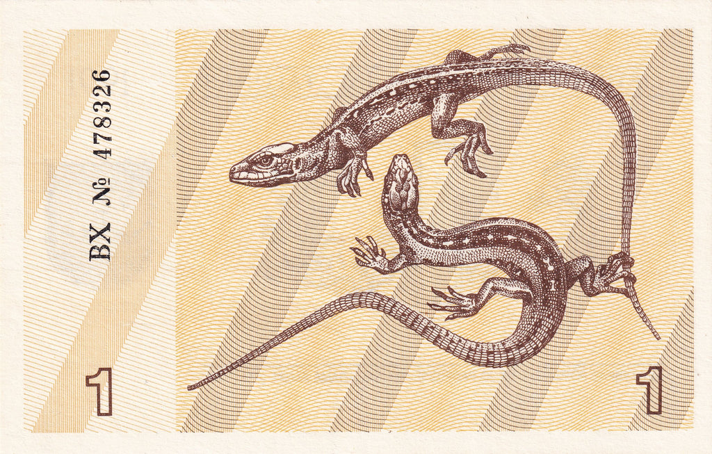 Lithuania 1st Post-Soviet! P-32b 1 Talonas 1991 UNC—Lizards—Cranberry Branch