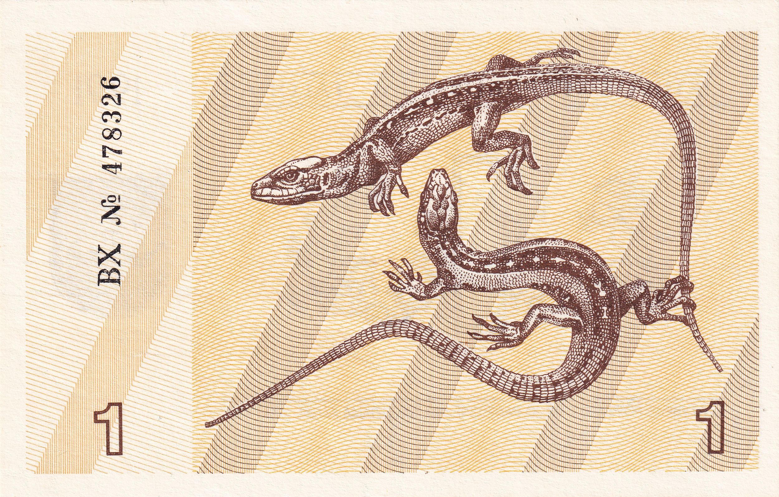 Lithuania 1st Post-Soviet! P-32b 1 Talonas 1991 UNC—Lizards—Cranberry Branch