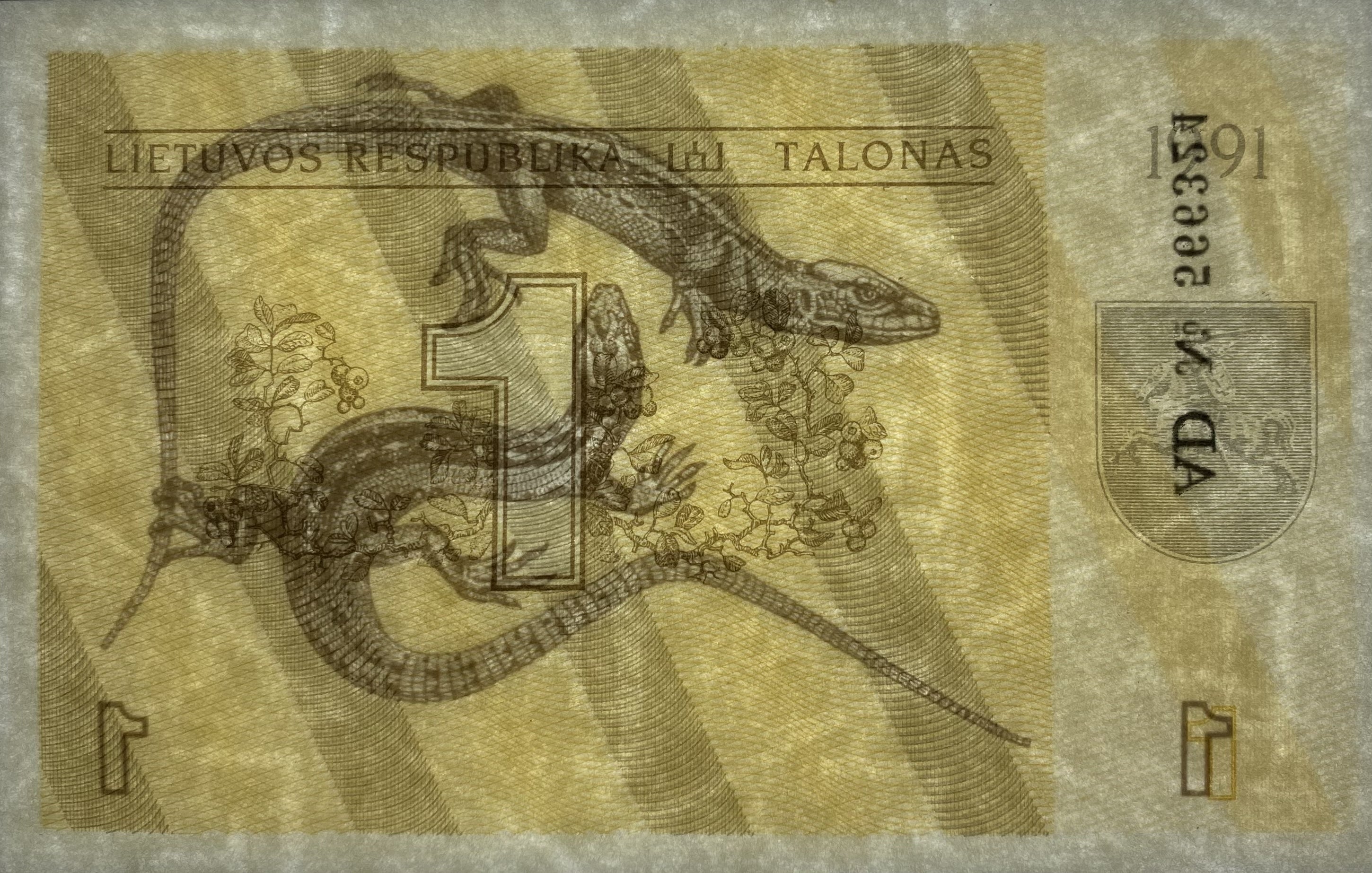 Lithuania 1st Post-Soviet! P-32b 1 Talonas 1991 UNC—Lizards—Cranberry Branch