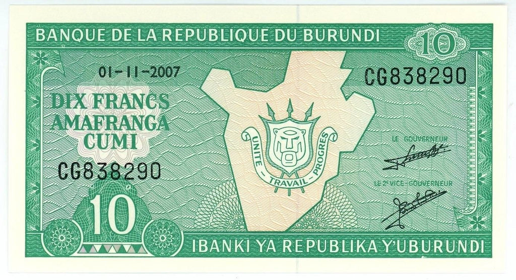 Burundi P-33e 10 Francs 2007 UNC—Map of Burundi—Unity, Work, Progress