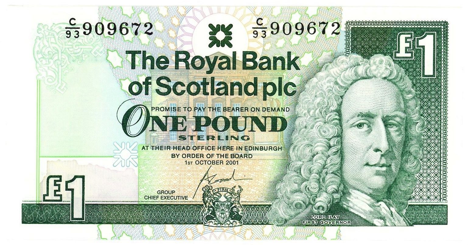 Scotland P-351e Royal Bank of Scotland (RBS) 1 pound 2001 UNC | Lord Ilay | Edinburgh Castle