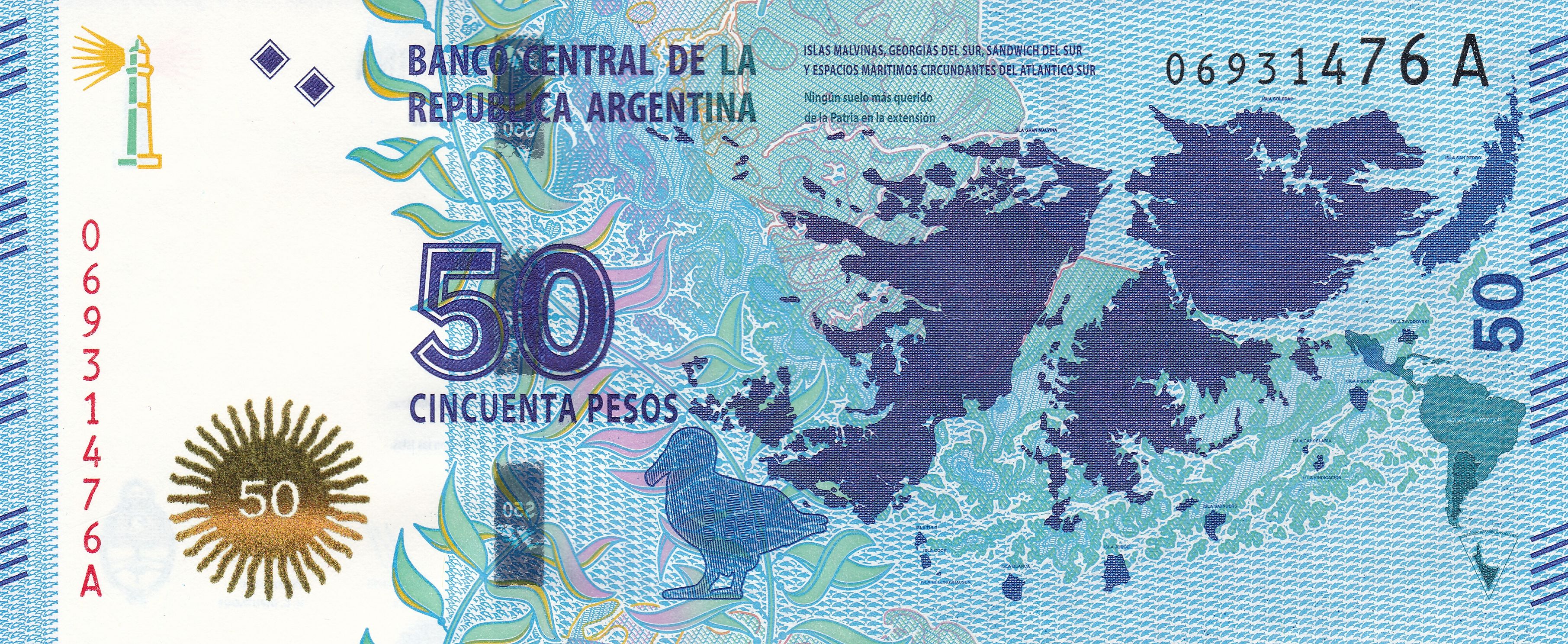 Argentina P362 50 pesos 2015 UNC | Falkland Islands propaganda｜war｜map｜gaucho