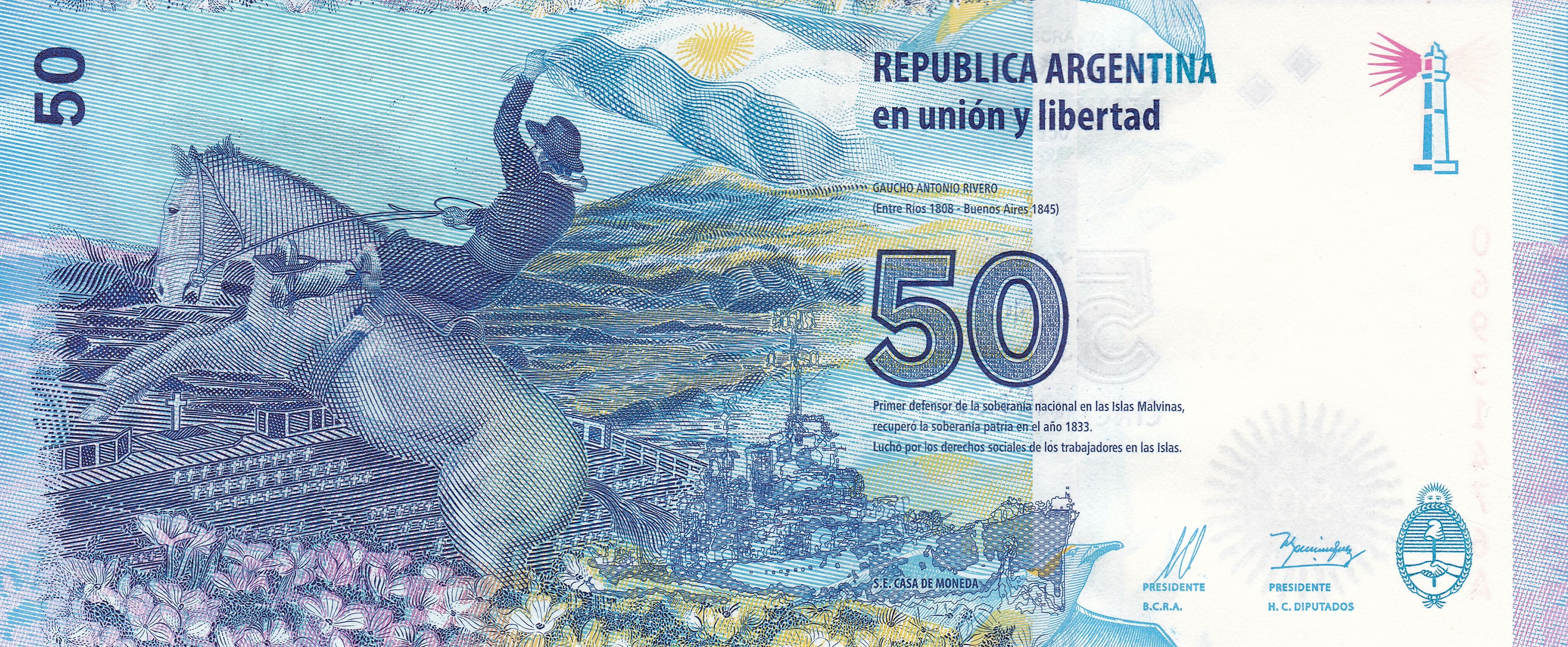 Argentina P362 50 pesos 2015 UNC | Falkland Islands propaganda｜war｜map｜gaucho