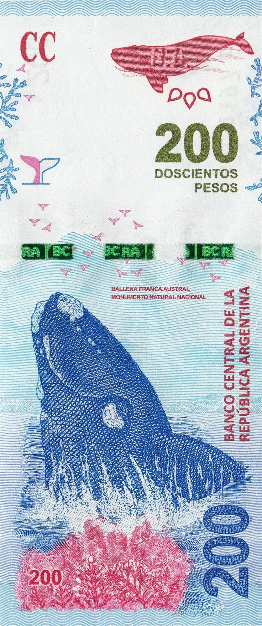 Argentina P364 200 Pesos 2016-2021 UNC—Random Series Letter—Whale