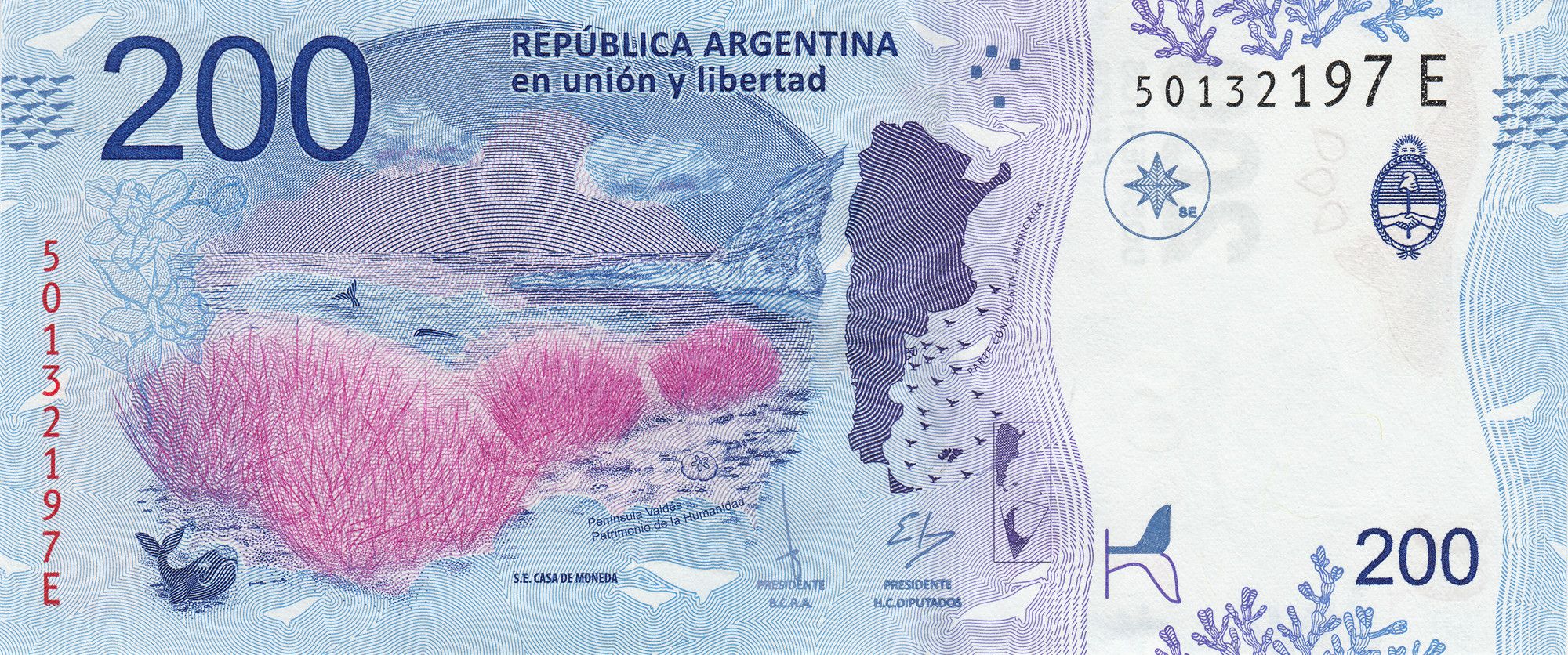 Argentina P364 200 Pesos 2016-2021 UNC—Random Series Letter—Whale