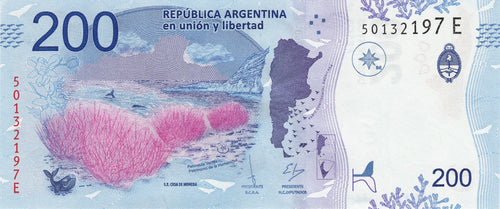Argentina P364 200 Pesos 2016-2021 UNC—Random Series Letter—Whale