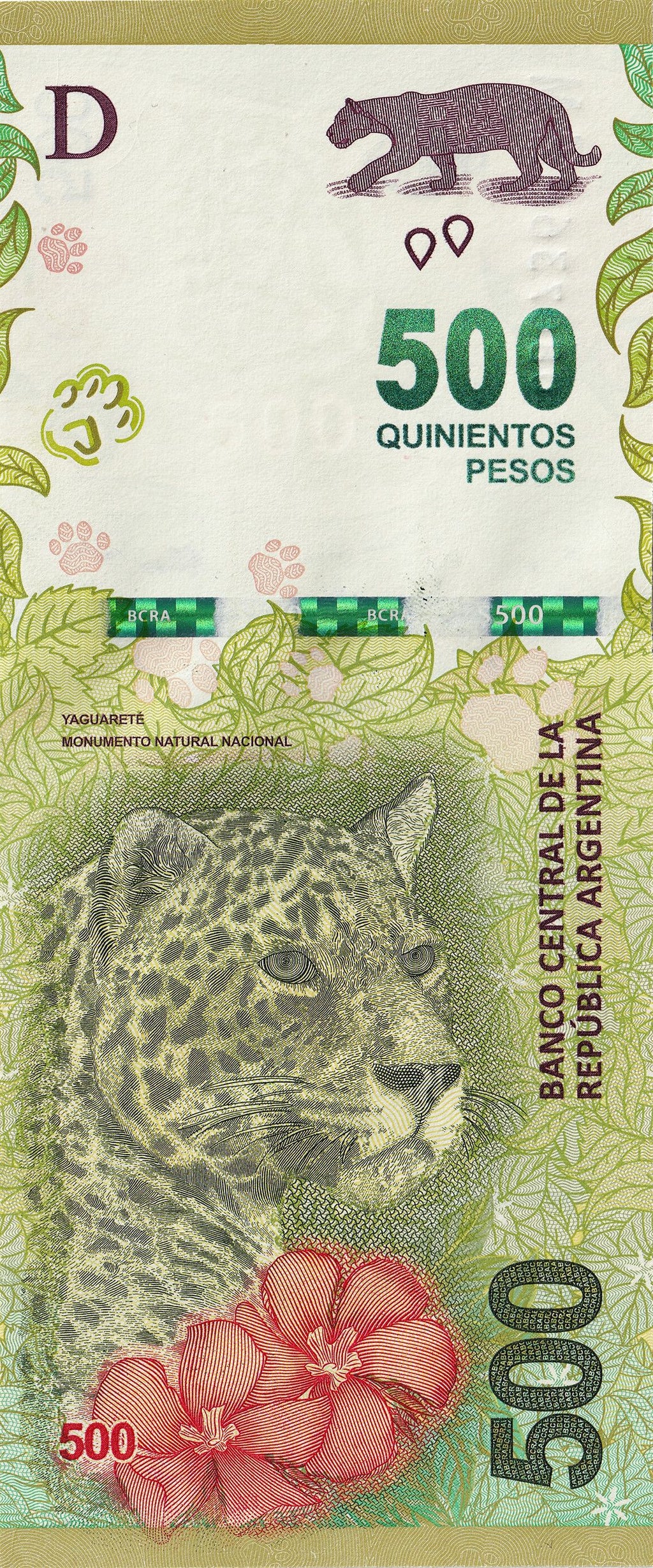 Argentina P365a2 Series O 500 Pesos 2019-2020 UNC—Jaguar—Jungle