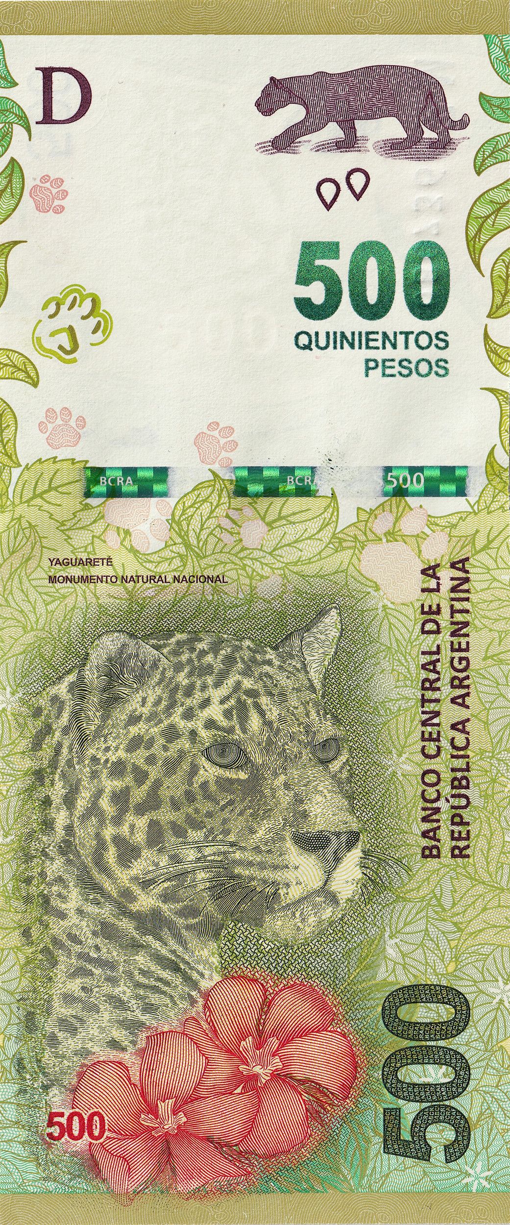 Argentina P365a2 Series O 500 Pesos 2019-2020 UNC—Jaguar—Jungle
