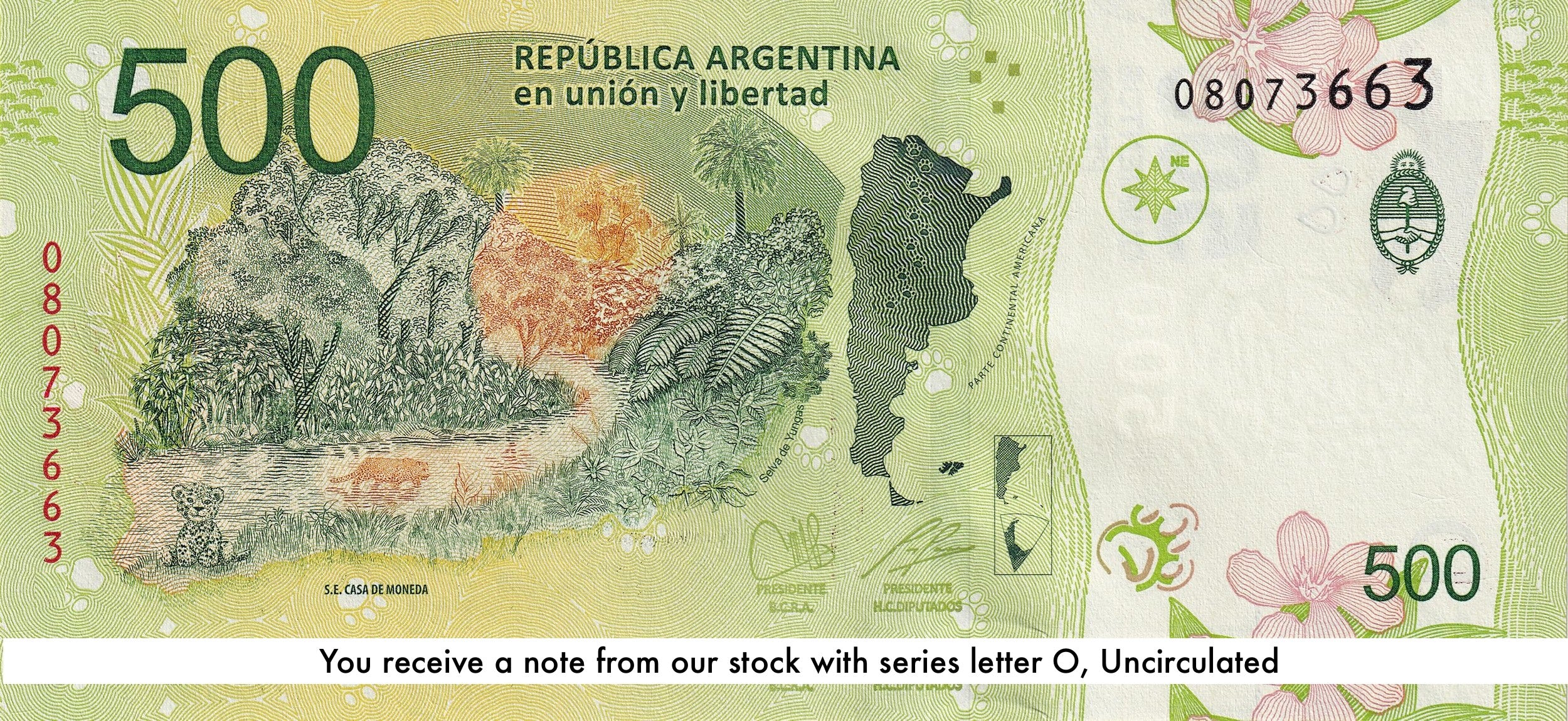 Argentina P365a2 Series O 500 Pesos 2019-2020 UNC—Jaguar—Jungle