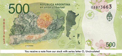 Argentina P365a2 Series O 500 Pesos 2019-2020 UNC—Jaguar—Jungle