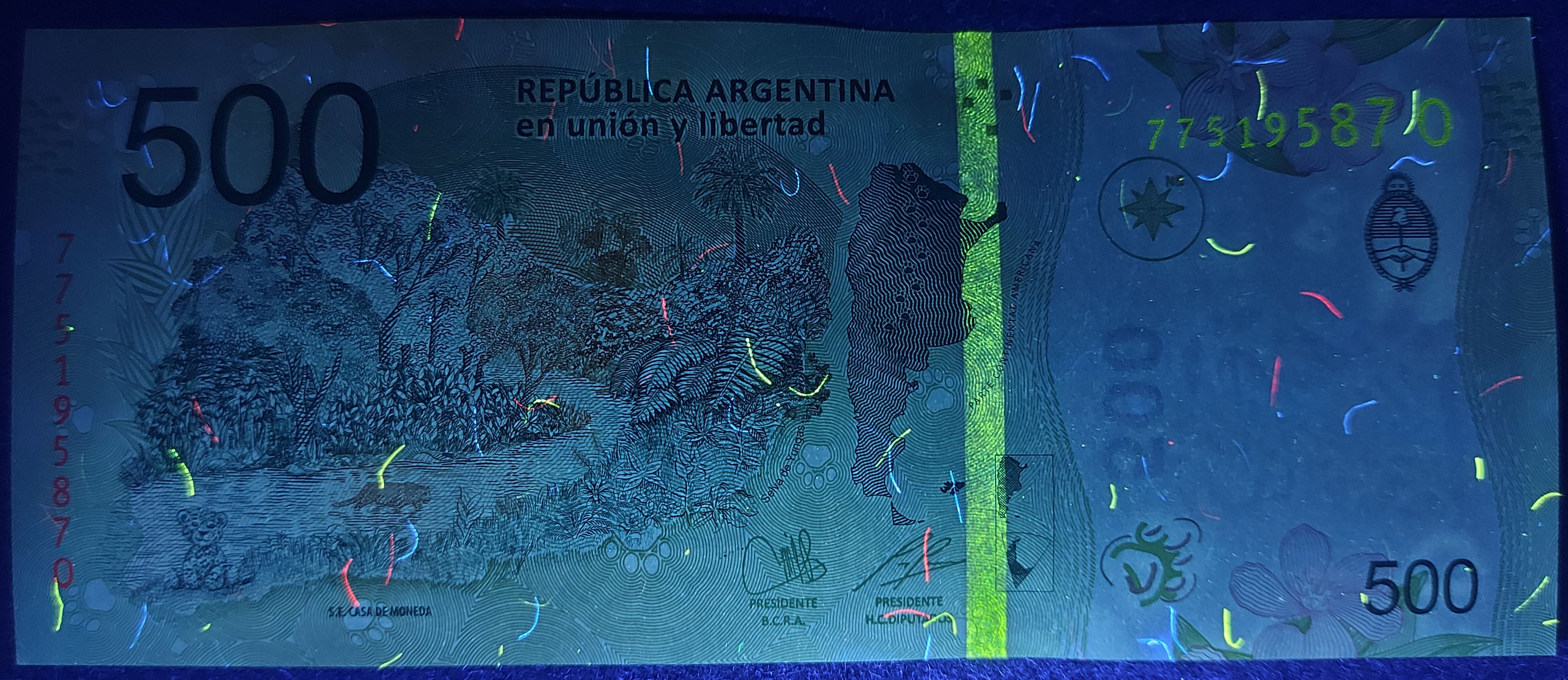 Argentina P365a2 Series O 500 Pesos 2019-2020 UNC—Jaguar—Jungle