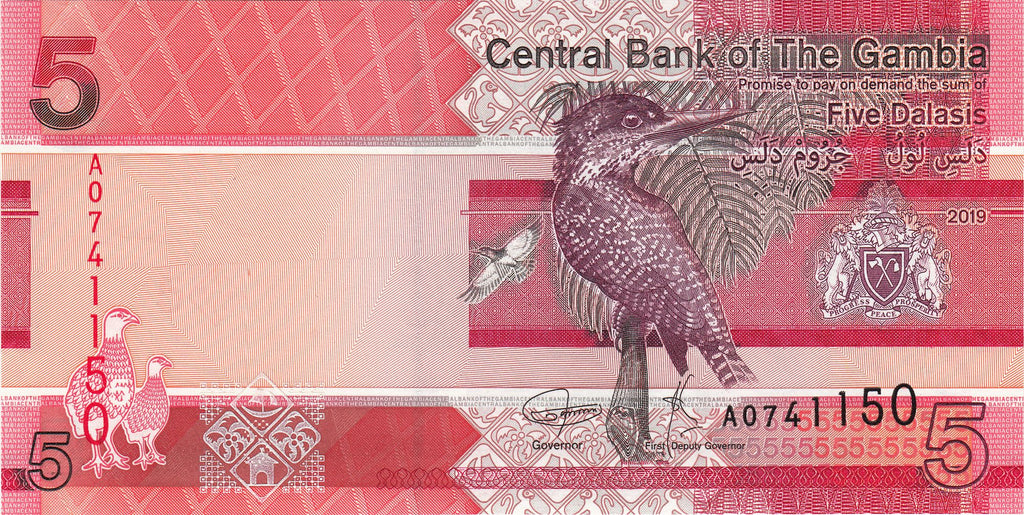 Gambia P-37a 5 Dalasi 2019 UNC—Kingfisher Bird—Nile Crocodile