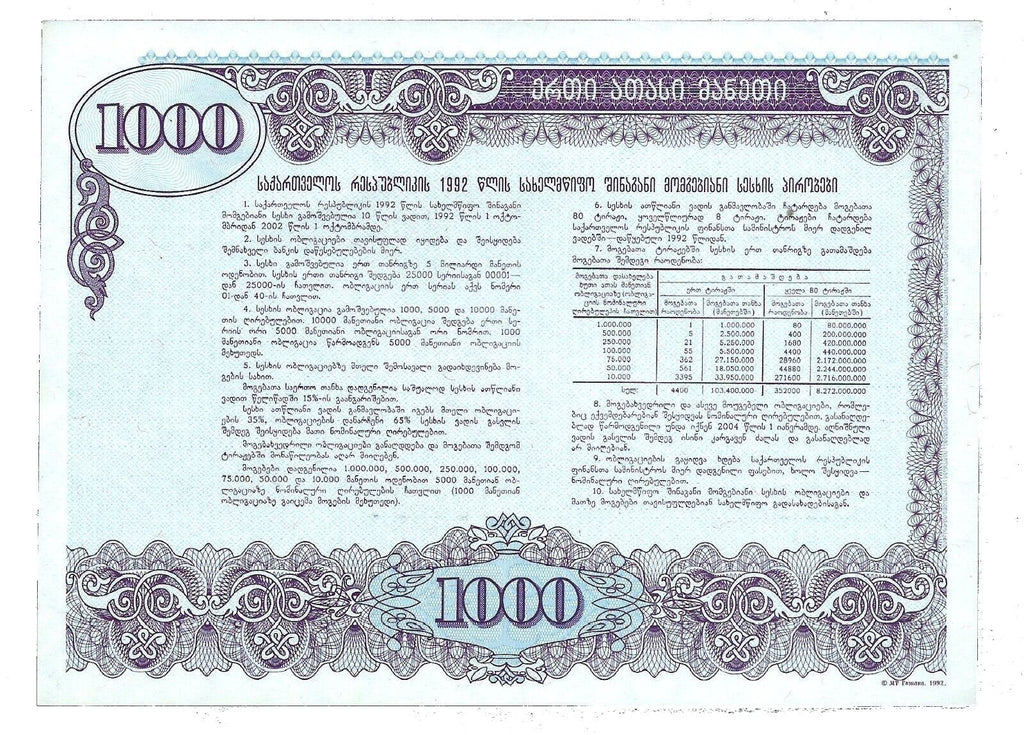 Georgia 1000 Roubles 1992 UNC—State Loan Bond—Loan Repayment Scheme