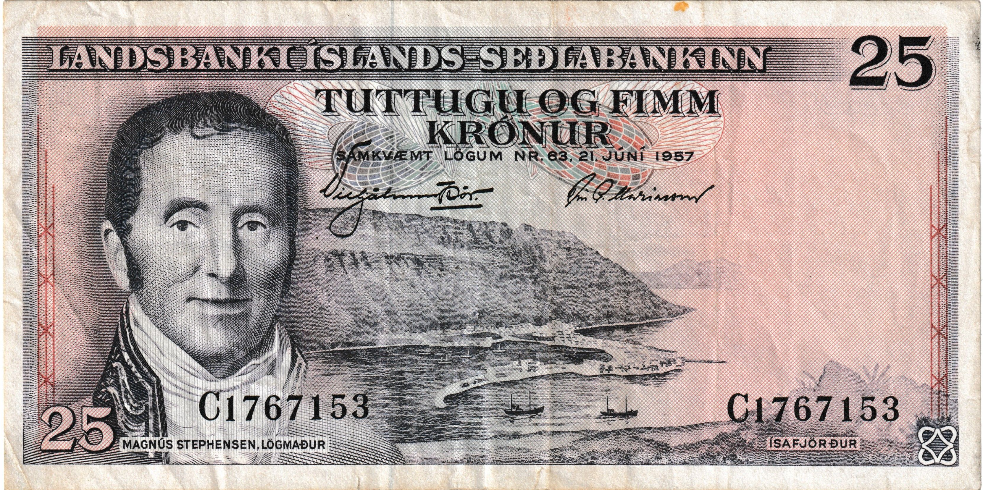 Iceland P-39 25 Kronur 1957 F Fine "Landsbanki Íslands - Seðlabankinn" version
