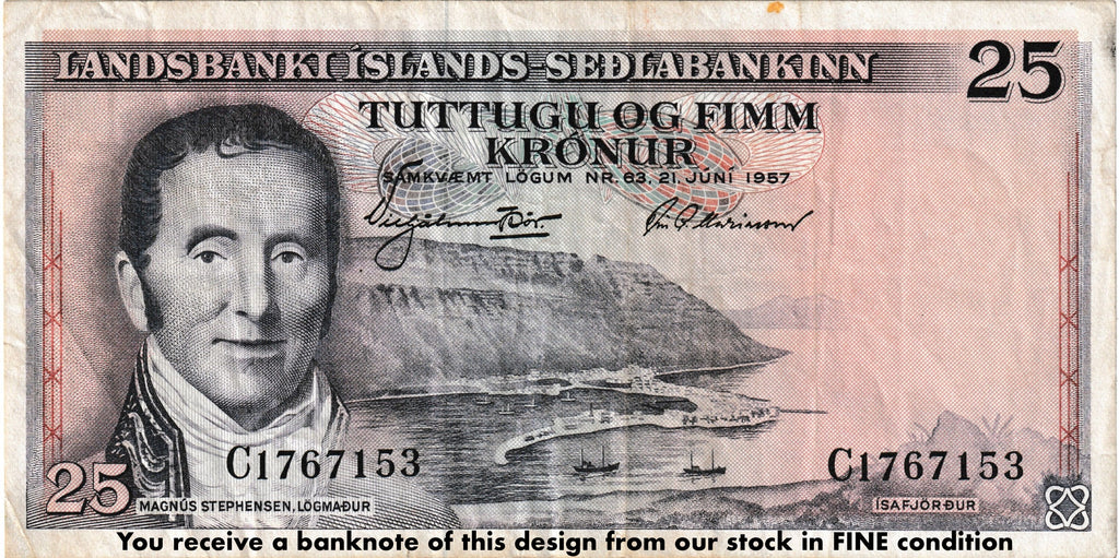 Iceland P-39 25 Kronur 1957 F Fine "Landsbanki Íslands - Seðlabankinn" version