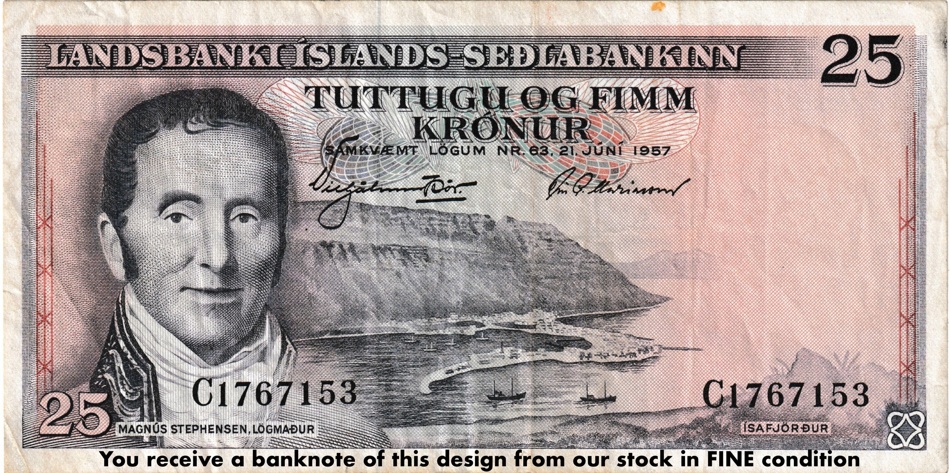 Iceland P-39 25 Kronur 1957 F Fine "Landsbanki Íslands - Seðlabankinn" version