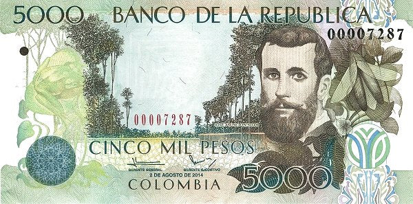 Colombia P452q 5000 pesos August 2, 2014  UNC