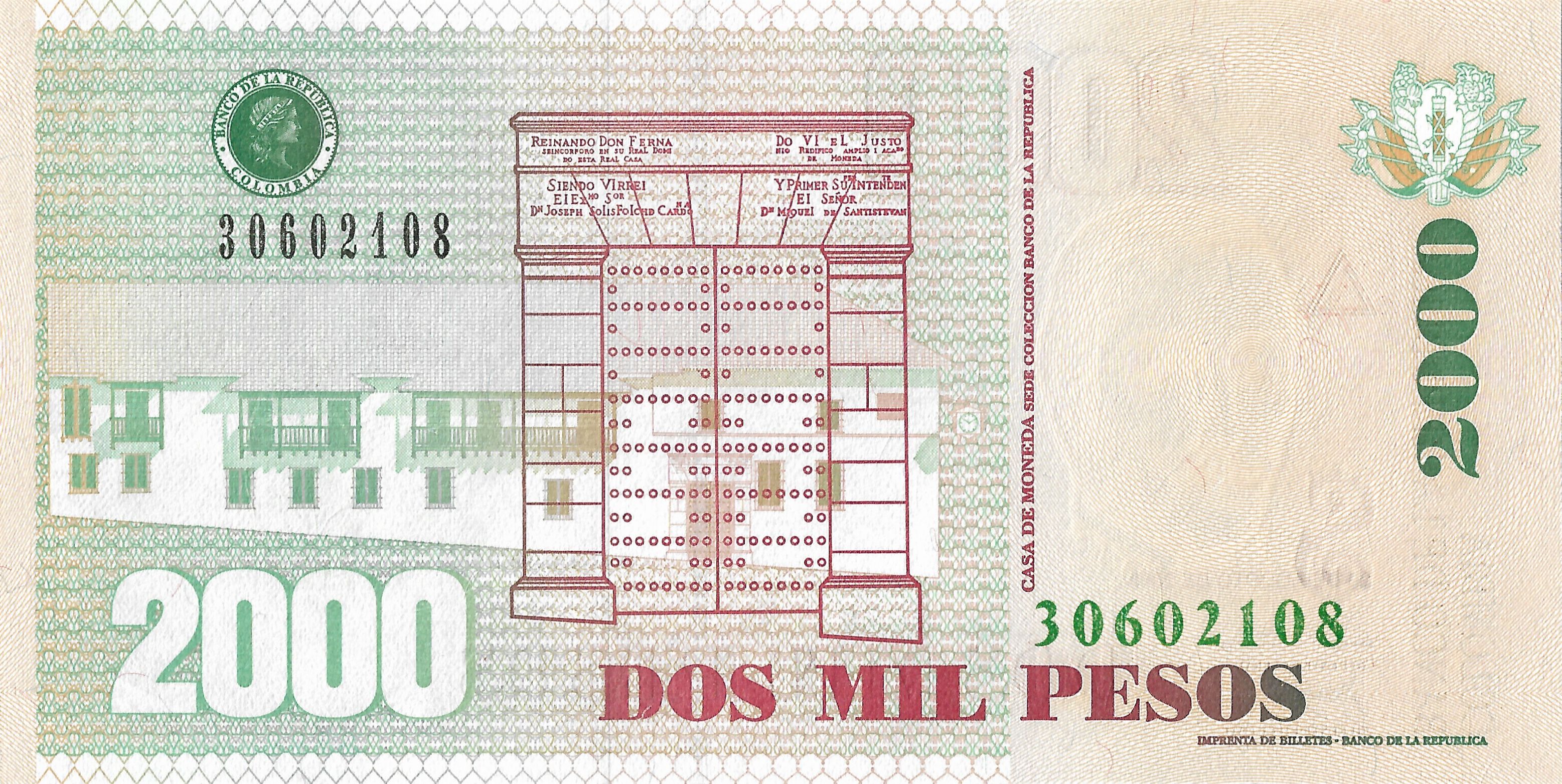 Colombia P457 2000 pesos｜August 30 2008｜General Santander 3rd type｜Mint｜Magdalena｜Barichara｜Houses
