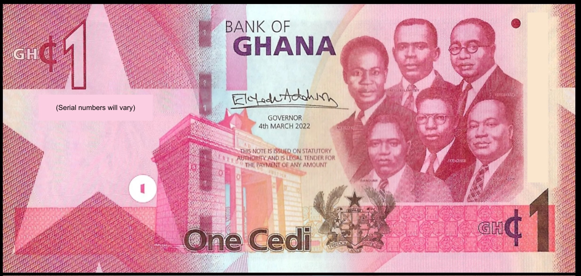 Ghana P-45b B155b 1 Cedi 2022 UNC—Six Men Who "Made" Ghana