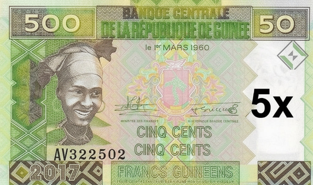 | 5 pcs lot 5x Guinea P47b 500 Francs 2017 UNC—See Where 1/3 of World's Aluminum Begins