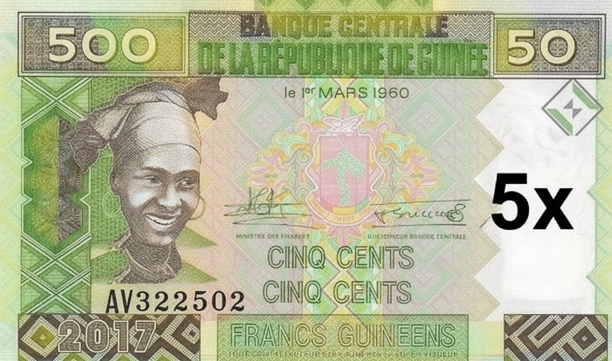 | 5 pcs lot 5x Guinea P47b 500 Francs 2017 UNC—See Where 1/3 of World's Aluminum Begins