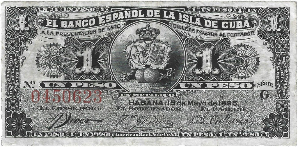 Caribbean P-47 1 peso 1896 VF Very Fine small note—Queen Regent María Cristina