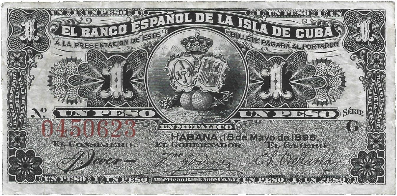 Caribbean P-47 1 peso 1896 VF Very Fine small note | Queen Regent María Cristina