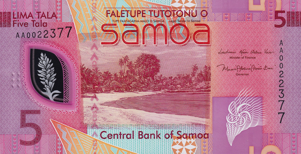 Samoa P-47 P-W47 B123 5 Tala ND 2023 UNC—Polymer—Beach—R. L. Stevenson